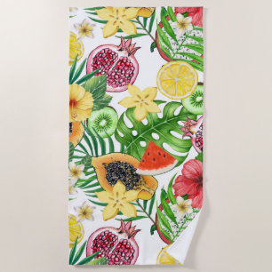 Toalha De Praia Frutas tropicais, flores e folhas em branco