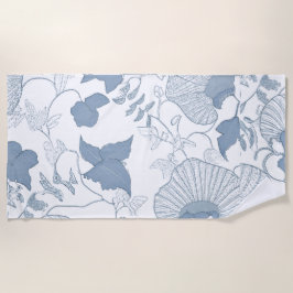 Toalha De Praia Fundo Branco Delicar Flores Azuis Japonesas