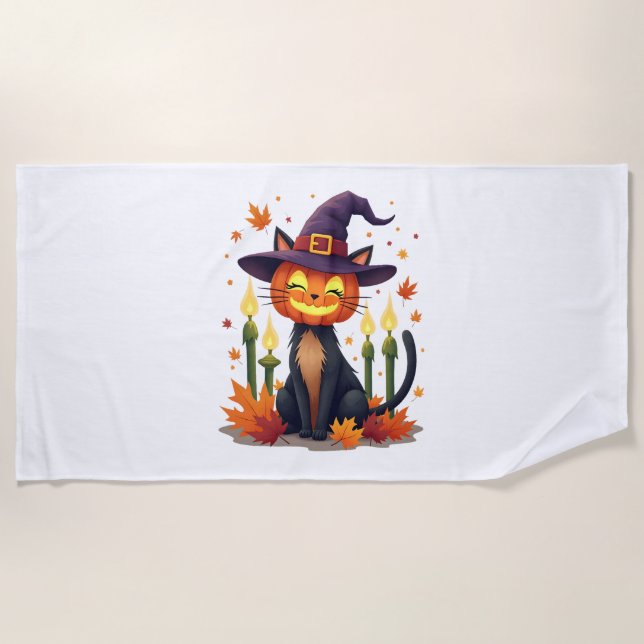 Toalha De Praia Funny Halloween Pumpkin Head Cat Lover (Frente)