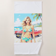 Garota na praia com um carro clássico