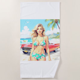 Toalha De Praia Garota na praia com um carro clássico