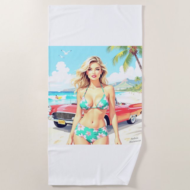 Toalha De Praia Garota na praia com um carro clássico (Frente)