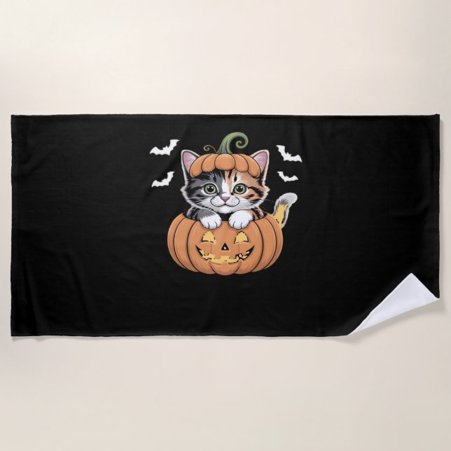 Toalha De Praia Gatinho bonitinho de Halloween em camiseta clássic (Frente)