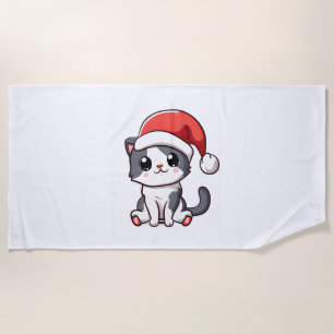 Toalha De Praia Gatinho de Natal bonito vestindo chapéu de Papai N