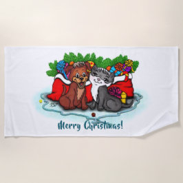 Toalha De Praia Gatinho e puppy, XMas feliz