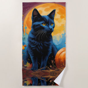 Toalha De Praia Gatinhos Negros Pumpkin Cheia Folhas de outono
