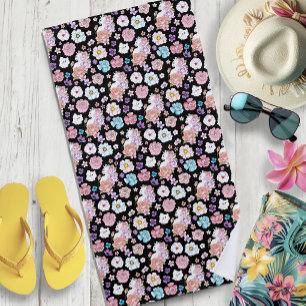 Toalha De Praia Gato Branco Floral Pastel Botânico Romântico Preto