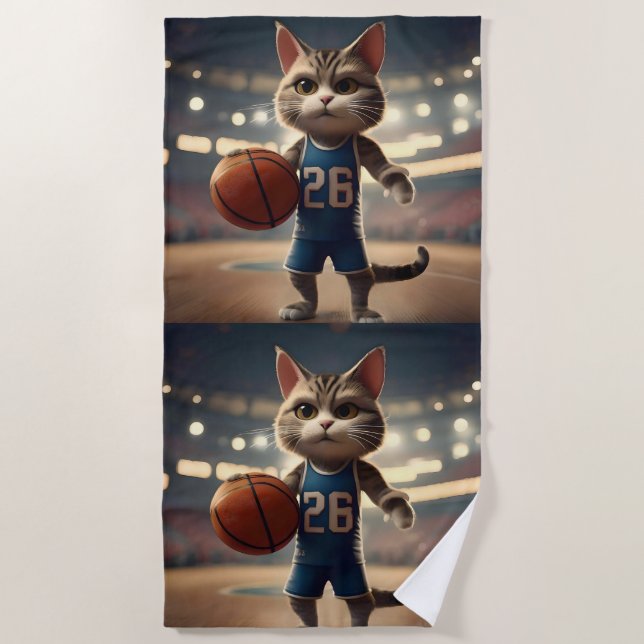 Toalha De Praia Gato de basquete, (Frente)