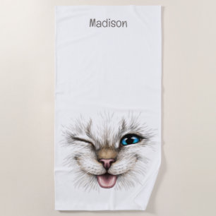Toalha De Praia Gato de Winking de Nome Personalizado