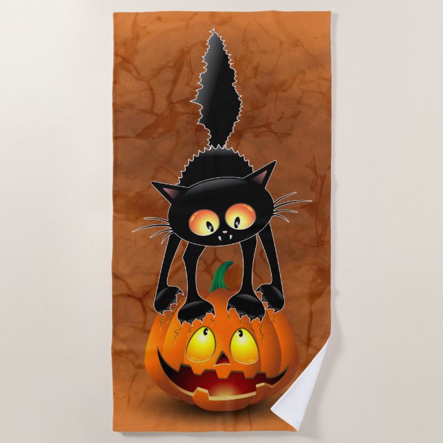 Toalha De Praia Gato Halloween Caricatura Assustada na Pumpkin (Frente)