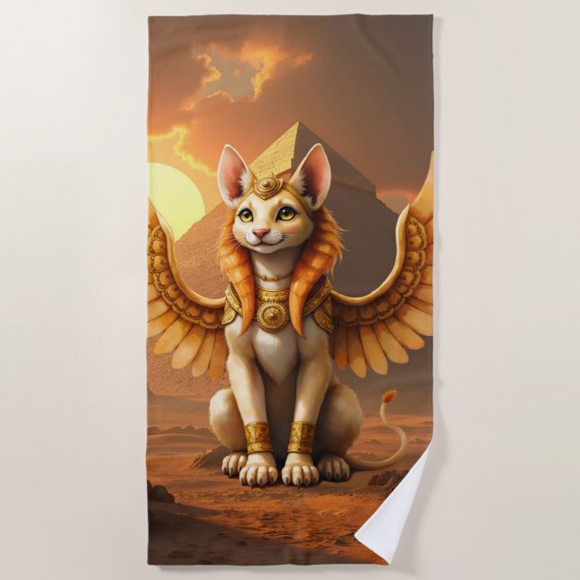 Toalha De Praia Gato Místico Asalado Esfinge - Arte Fantástica Egí (Frente)