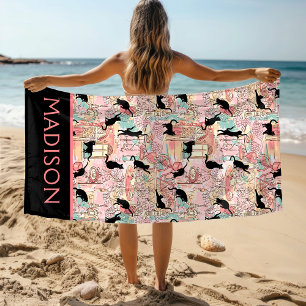 Toalha De Praia Gato Personalizado do Café de Paris de Cores Mode