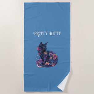 Toalha De Praia Gato Preto Azul Flores Gatinho Bonito