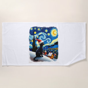 Toalha De Praia Gato Preto com Chapéu de Papai Noel Noturno Festiv