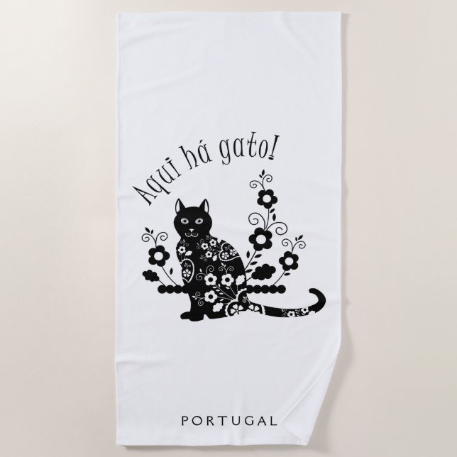 Toalha De Praia Gato preto com flores e expressão portuguesa (Frente)