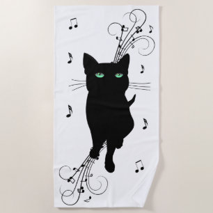 Toalha De Praia Gato Preto Rodeado por Notas Musicais Sussurrantes