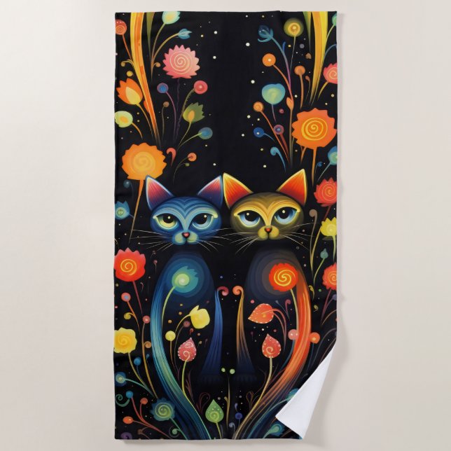 Toalha De Praia Gatos azuis e vermelhos (Frente)