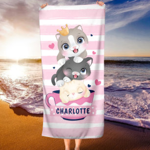 Toalha De Praia Gatos de Cartoon Cachorros Rosa Rasgados