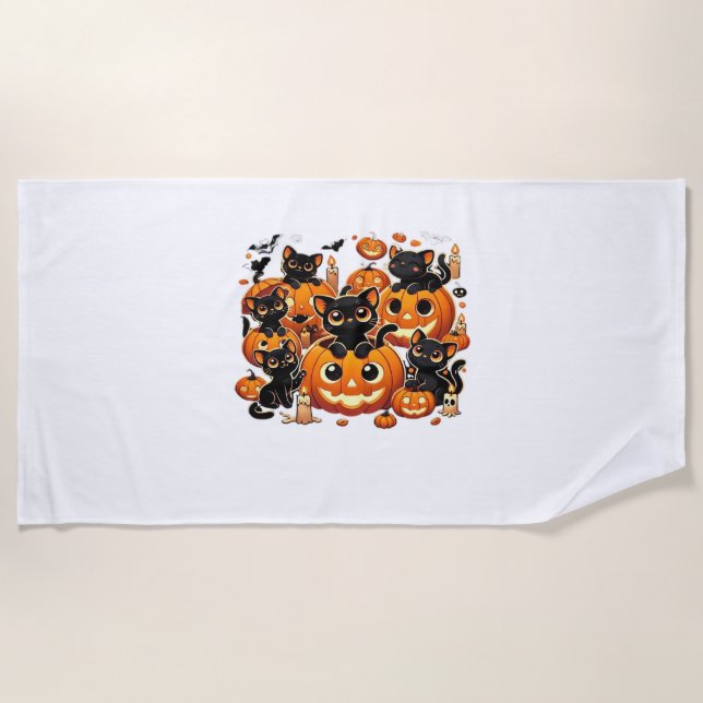 Toalha De Praia Gatos Pretos Cachorros em Pumpkins no Dia das Brux (Frente)