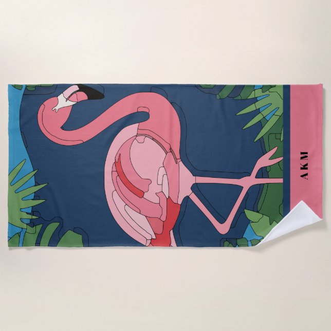 Toalha De Praia Geo Flamingo Rosa com Nome (Frente)
