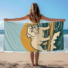 Toalha De Praia Get On Board Surfer Dog Retro Bulldog Surf Graphic