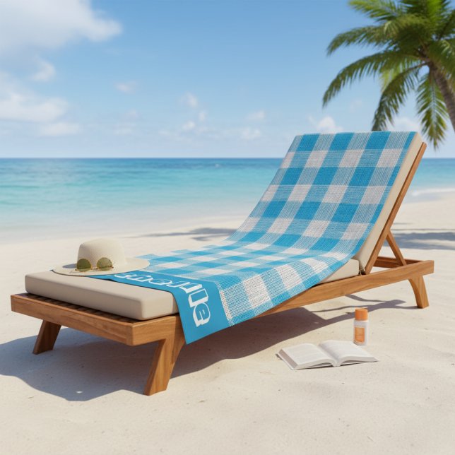 Toalha De Praia Gingham Azul Costeiro Personalizado (Classic Navy Gingham Round Beach Towel)