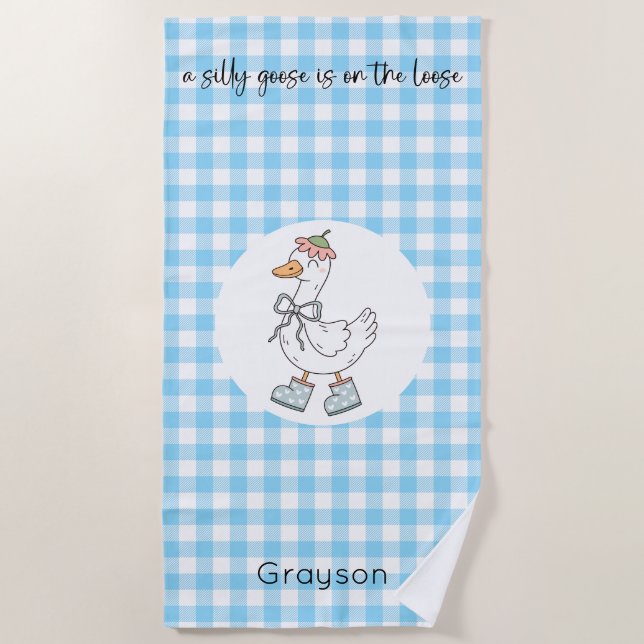Toalha De Praia Gingham Azul de Ganso bobo (Frente)