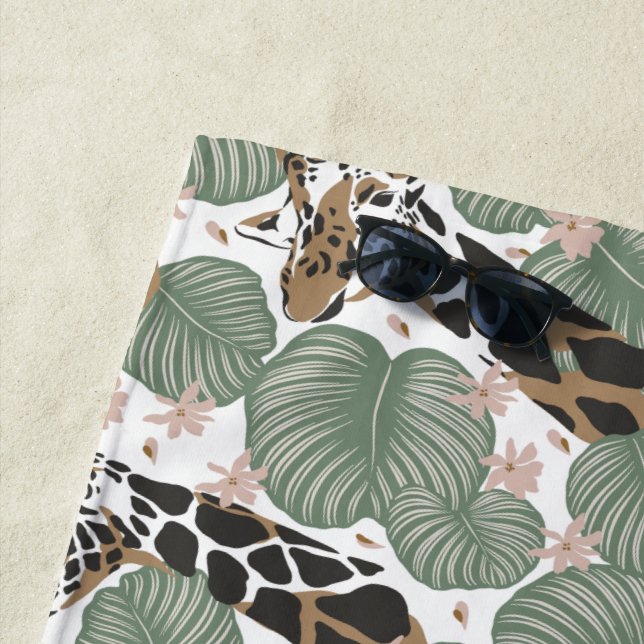 Toalha De Praia Giraffe Animal Tropical Leaf Jungle Patterno