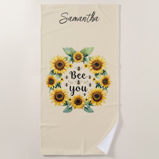 Toalha De Praia Girassóis Monogramados Abelhas Você Amarelo  (Frente)