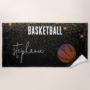 Toalha De Praia Girly Glitter Dourado Basquete Personalizado