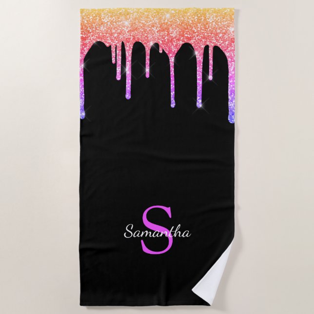 Toalha De Praia Girly Rainbow Glitter Drives Nome do Monograma (Frente)