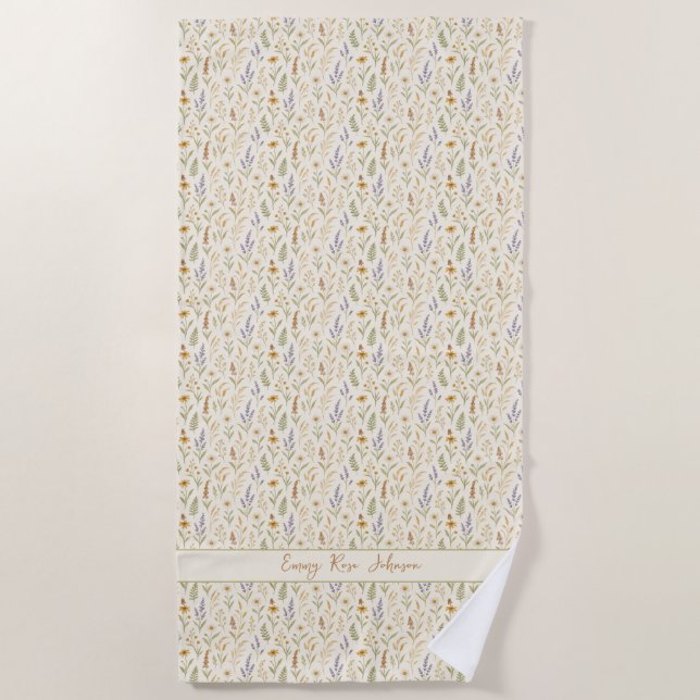 Toalha De Praia Girly Watercolor Wildflower Patterno (Frente)