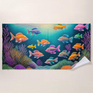 Toalha De Praia Giz Colorido Desenho da Cena de Recife de Peixe