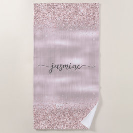 Toalha De Praia Glam Rosa Dourado Glitter Monograma Nome Feminino 