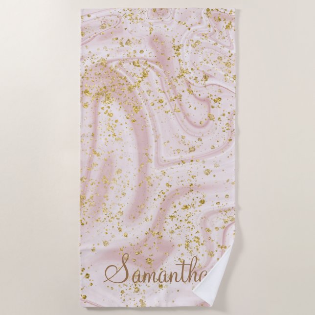Toalha De Praia Glitter Dourado de espiral branco rosa personaliza (Frente)