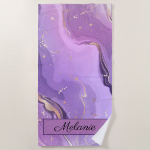 Toalha De Praia Glitter Dourado Roxo Nome Girassol Verão