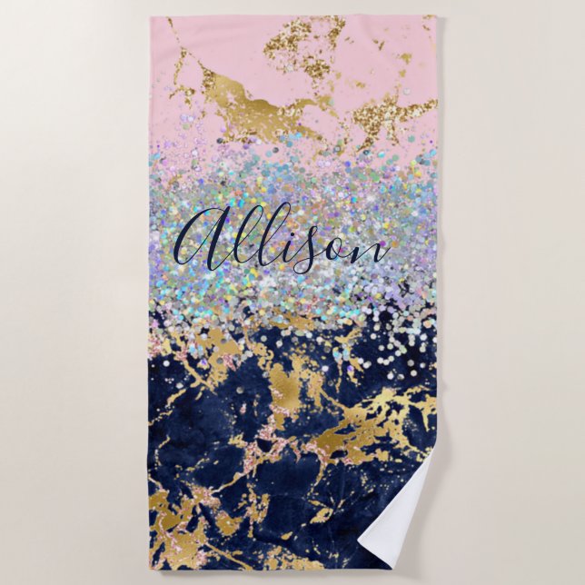 Toalha De Praia Glitter e mármore personalizados (Frente)