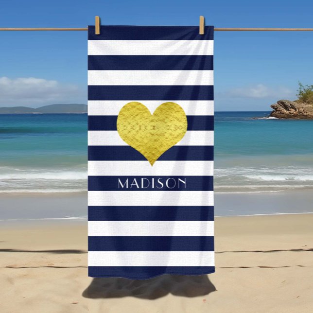 Toalha De Praia Gold Heart Name Nautical Blue And White Stripes (Gold Heart Name Nautical Blue And White Stripes Beach Towel)