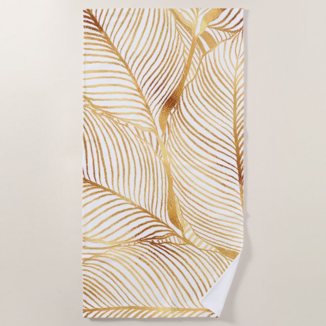 Toalha De Praia Gold Leaves White Elegant Pattern (Frente)