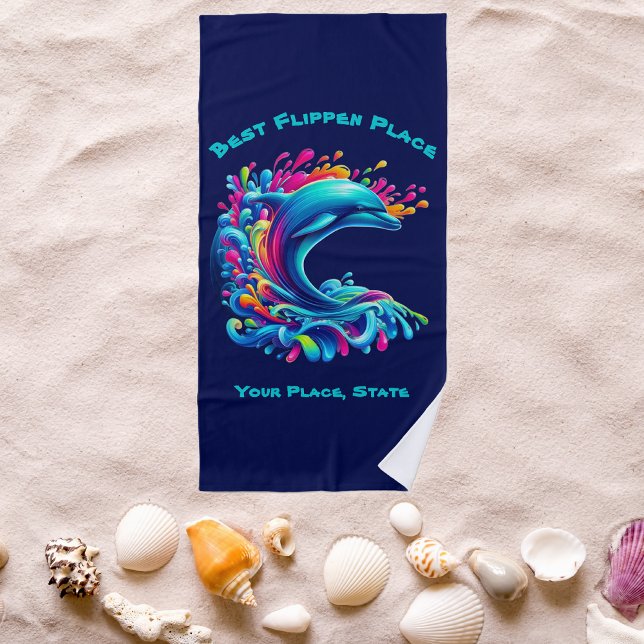 Toalha De Praia Golfinho Colorido (Dolphin-Colorful Dolphin-Beach Towel-Summer Towel-Pool Towel-Dark Blue)