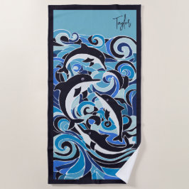 Toalha De Praia Golfinhos e Ondas Azuis Personalizáveis