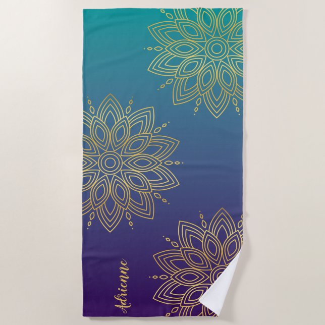 Toalha De Praia Gradiente de Teal Roxo Faux Dourada Mandala (Frente)