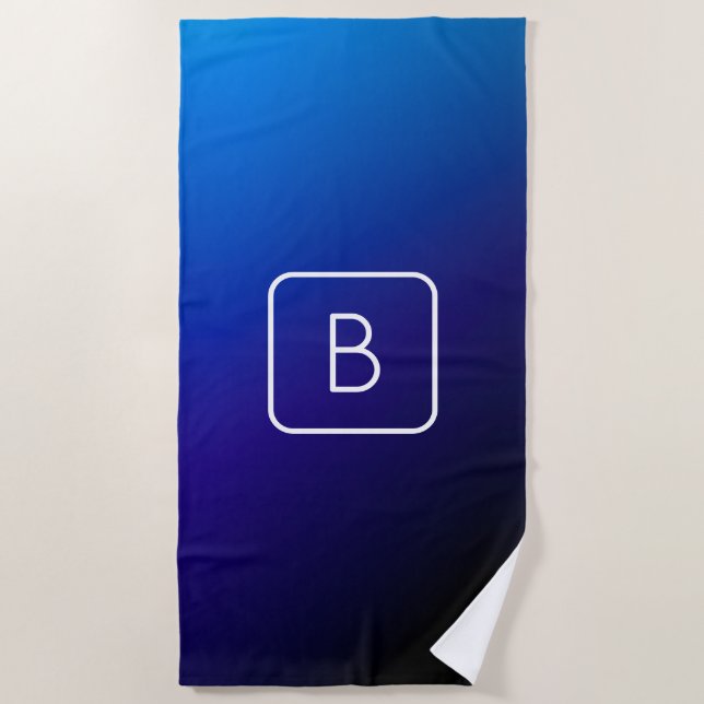 Toalha De Praia Gradiente e Monograma de Mão Azul Escuro Simples (Frente)