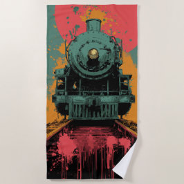 Toalha De Praia Gráficos de Trem a Vapor Retro com Cores de Pôr do