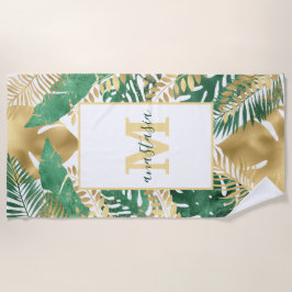 Toalha De Praia Grandes Folhas de Plantas Tropicais Verde e Dourad