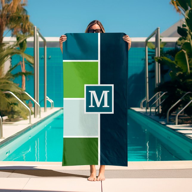 Toalha De Praia Grandes tiras em azul e verde com Monograma (masculine blue and green beach towel with monogram)