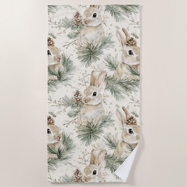 Toalha De Praia Green Pine Cones Bunny Rabbits Christmas (Frente)