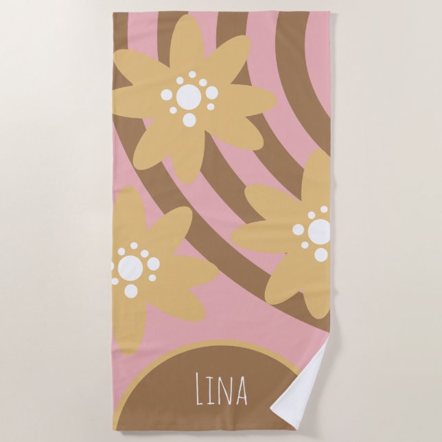 Toalha De Praia Groovals Florals Yellow Brown Name Beach Towel (Frente)