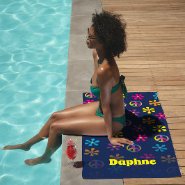 Toalha De Praia Groovy Hippie Peace and Flower Chá Custom Name