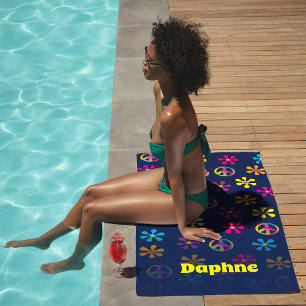 Toalha De Praia Groovy Hippie Peace and Flower Chá Custom Name